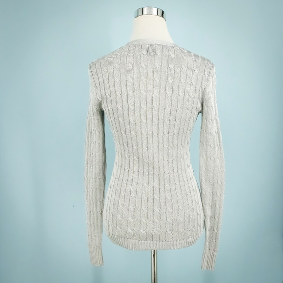 Ralph Lauren Black Label Size Small S Silver Metallic Cable Knit Button Cardigan - Picture 3 of 6
